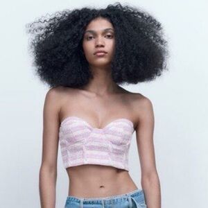 NWT Zara Corset Half Textured Pink Purple Size S 
Top Crop Bustier Tweed Plaid